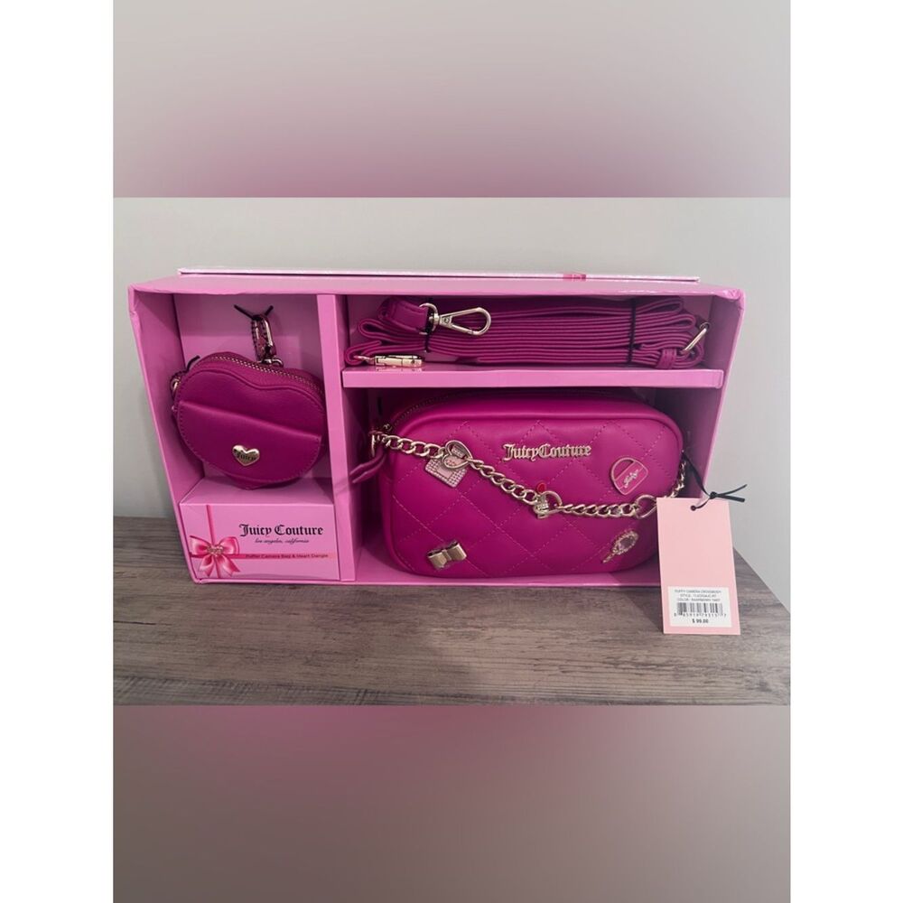 NEW Juicy Couture Puffy Quilted Camera Crossbody Bag Set Raspberry Tart
